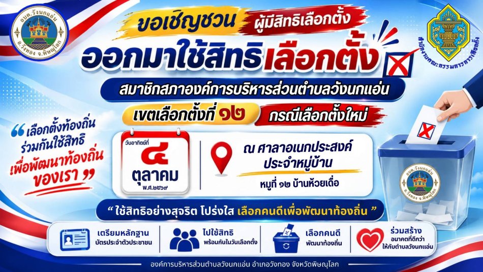 ประชาสัมพันธ์!*ขอเชิญชวนรณรงค์ผู้มีสิทธิเลือกตั้ง หมู่ที่ 12 บ้านห้วยเดื่อ ไปใช้สิทธิเลือกตั้งสมาชิกสภาองค์การบริหารส่วนตำบลวังนกแอ่น เขตเลือกตั้งที่ 12 กรณีเลือกตั้งใหม่