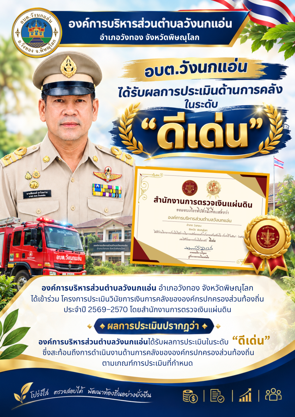 อบต.วังนกแอ่น ได้รับผลการประเมินด้านการคลังในระดับ “ดีเด่น”